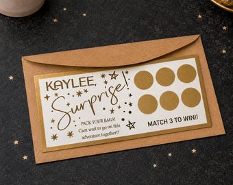 Personalized Surprise Trip Scratch Off Card | Custom Travel Reveal Gift | Pack Your Bags Vacation Announcement | Match 3 to Win