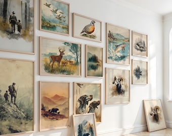 Könnte beinhalten: Eine Sammlung gerahmter Kunstdrucke mit Wildtier- und Naturszenen. Die Kunstwerke zeigen Darstellungen von Hirschen, Vögeln, Bären, Hunden und Landschaften, alle im Vintage-Aquarellstil. Die Rahmen sind hellholzfarben.
