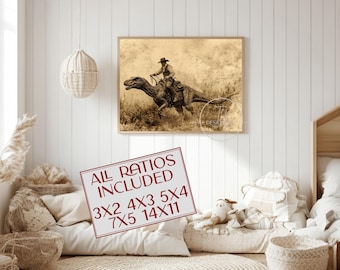 Cowboyrijdende roofvogeldinosaurus: grappige vintage muurkunst (digitale download)