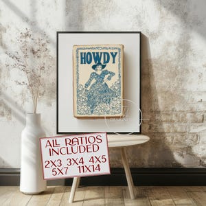 Howdy Matchbook Digital Art, Vintage Western Wall Art Typography Print Southern Home Decor Wild West Print Blue Howdy