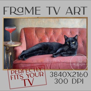 フレームテレビアート、マティーニを片手にくつろぐ猫、サムスンフレームテレビ、面白い猫の油絵、カクテルアートバーカートの装飾