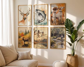 Könnte beinhalten: Ein Satz von sechs gerahmten Aquarellbildern mit verschiedenen Naturszenen. Die Bilder zeigen ein Reh, einen Fisch, eine Gruppe Gänse, einen Waldstrom, ein Paar Jagdhunde und eine Waldszene mit einer Person beim Angeln.