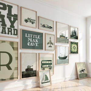 Jungenzimmer Galerie Wand Kunst Set von 100+ Gedämpfte Töne Raum Dekor Vintage Grün, Vintage Kinderzimmer Dekor