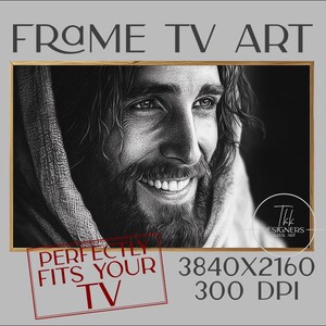 Rahmen TV Kunst, Bleistift Porträt von Jesus Christus, Samsung Rahmen TV, Christliche Rahmen TV Kunst, Jesus Christus, Dark Mode TV Kunst