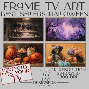 May include: Digital art for Frame TV featuring Halloween themes. The image includes four panels: a spooky interior, a purple landscape with a haunted house, carved pumpkins with candy, and a skeleton with a black cat. The text reads "FRAME TV ART BEST SELLERS HALLOWEEN".