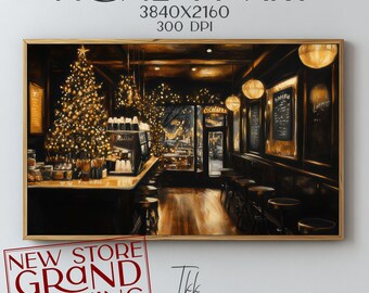 May include: A painting of a cozy coffee shop at night with a Christmas tree decorated with lights. The shop has a counter with bar stools and a window looking out onto a snowy street. The text "NEW STORE GRAND OPENING" is visible in the lower left corner.