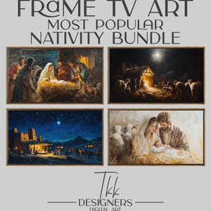 Peut inclure: Un ensemble de quatre impressions d'art numérique représentant la scène de la Nativité. Les impressions présentent une variété de styles, notamment une représentation traditionnelle de la Sainte Famille, une interprétation plus moderne axée sur la lumière de l'étoile et une scène avec les bergers et leurs moutons. Les impressions sont toutes encadrées dans un style rustique simple.