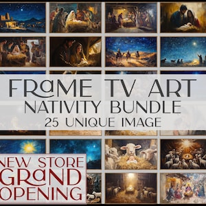 Peut inclure: Un collage de 25 images uniques représentant la scène de la Nativité. Les images sont encadrées et disposées en grille. Le texte "FRAME TV ART NATIVITY BUNDLE 25 UNIQUE IMAGE" est affiché au centre du collage. Le texte "NEW STORE GRAND OPENING" est affiché dans le coin inférieur gauche du collage.