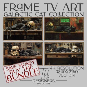 May include: Four digital art prints featuring a black cat and a Star Wars Stormtrooper helmet in a sci-fi setting. The prints are titled "Galactic Cat Collection" and are available as a bundle. The text "Save Money Buy The Bundle" is displayed in red on a white background. The text "4K Resolution 3840x2160 300 DPI" is displayed in white on a black background. The text "Designers Digital Art" is displayed in white on a black background.