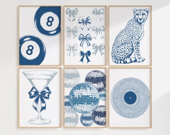 Blue Preppy Wall Art Prints: Martini, Cheetah, Disco (Digital Download)