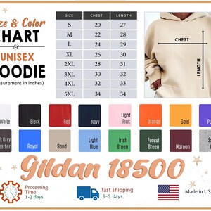 The image is a size chart and color chart for a unisex hoodie, providing measurements and color options for the garment.