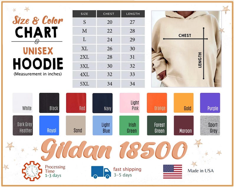 The image is a size chart and color chart for a unisex hoodie, providing measurements and color options for the garment.