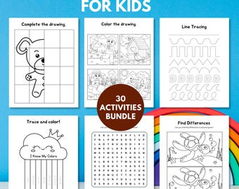30 Printable Activity Bundle, Activity Sheets for Kids, Word Search, Drawing, Dot to Dot, Games, Spy, Maze, Digital Download, Printable