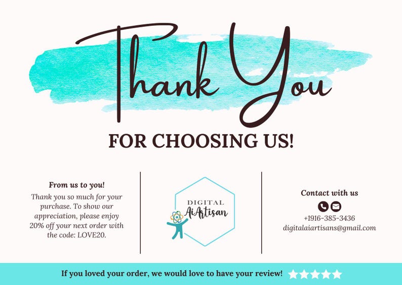 Pode incluir: Obrigado por escolher-nos! Um fundo de aquarela turquesa com texto preto. O texto diz "Obrigado por escolher-nos!" e inclui um logotipo para Digital Ai Artisan. O texto tamb&eacute;m inclui um n&uacute;mero de telefone, um endere&ccedil;o de e-mail e um c&oacute;digo de desconto: LOVE20.