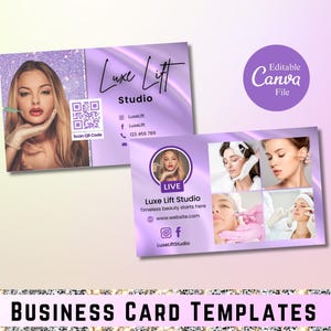 May include: Two business card templates for a beauty studio called Luxe Lift Studio. The first card features a woman with a purple glitter background and the text "Luxe Lift Studio". The second card features a collage of photos of people receiving beauty treatments and the text "Luxe Lift Studio, Timeless beauty starts here, www.website.com, LuxeLiftStudio".