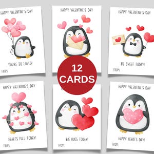 Tarjetas de San Valentín con pingüinos para niños, tarjetas de San Valentín imprimibles para el aula, pingüinos lindos, tarjetas de San Valentín, imprimibles