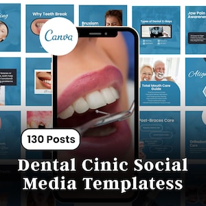 Puede incluir: Imagen promocional para plantillas de redes sociales de clínicas dentales. La imagen presenta un primer plano de una boca con un instrumento dental, rodeada de varios ejemplos de publicaciones en redes sociales. También se ve el texto "130 Posts" y "Dental Clinic Social Media Templatess".