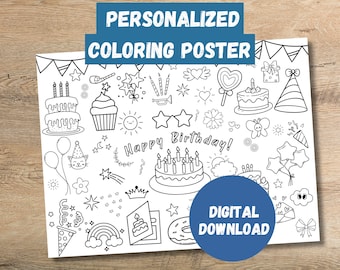 Desenho de aniversário para colorir em 3 tamanhos grandes, pôster gigante para colorir imprimível, aniversário personalizável, imprimível, download digital.