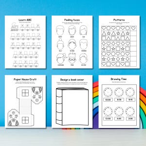 Pode incluir: Folhas de trabalho imprim&iacute;veis em preto e branco para crian&ccedil;as com atividades como aprender o alfabeto, desenhar rostos, completar padr&otilde;es, projetar uma capa de livro, fazer um artesanato de casa de papel e dizer as horas.