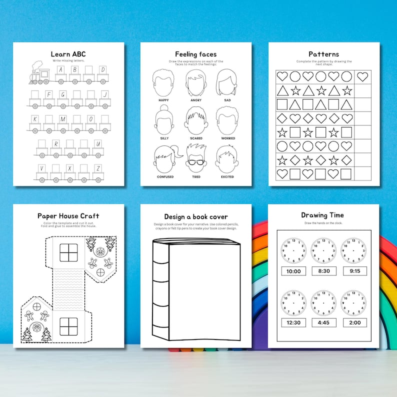 Pode incluir: Folhas de trabalho imprim&iacute;veis em preto e branco para crian&ccedil;as com atividades como aprender o alfabeto, desenhar rostos, completar padr&otilde;es, projetar uma capa de livro, fazer um artesanato de casa de papel e dizer as horas.