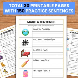 Puede incluir: Hojas de trabajo imprimibles educativas para la construcción de oraciones. Las páginas se titulan "MAKE A SENTENCE" e incluyen ilustraciones de un murciélago, una telaraña, una cama y otros objetos. El texto en la parte superior dice "TOTAL 30 PRINTABLE PAGES WITH 150 PRACTICE SENTENCES."