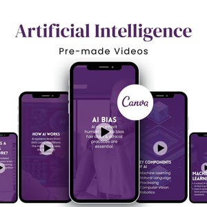 Peut inclure: Visuel avec cinq smartphones affichant des informations sur l'intelligence artificielle. Le texte comprend "Intelligence Artificielle" et "Vidéos pré-faites". Le logo Canva est visible. Les téléphones présentent des sujets comme "AI Bias" et "Machine Learning".