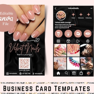 May include: A business card template for a nail salon called "Velvet Nails" with a black background and pink accents. The card features a photo of manicured nails with a white tip, a QR code, and social media icons. The text "Editable Canva File" is in a pink circle at the top left corner of the card. The text "BUSINESS CARD TEMPLATES" is at the bottom of the card.