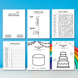 Pode incluir: Um conjunto de folhas de atividades imprim&iacute;veis em preto e branco para crian&ccedil;as. As folhas incluem atividades como desenhar uma casa dos sonhos, completar insetos desenhando a outra metade de cada inseto, uma atividade de classifica&ccedil;&atilde;o de palavras, um bolo de anivers&aacute;rio para decorar e um jogo de 'Adivinhe o que eu vejo' com imagens com tema de primavera.