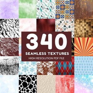 May include: A collage of 340 high resolution seamless textures in a PDF file. The textures include a variety of patterns, colors, and styles, such as wood, metal, fabric, and abstract designs.
