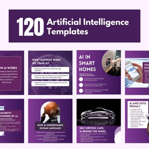 Op de afbeelding: Een collage van paarse en witte afbeeldingen met tekst over kunstmatige intelligentie. De tekst omvat "Hoe AI werkt", "Wat gebeurt er wanneer we AI trainen?", "AI in slimme huizen", "Chatbots aangedreven door AI", "Hoe AI menselijke taal begrijpt", "Zelfrijdende auto's: AI achter het stuur", en "AI en gegevensbescherming".