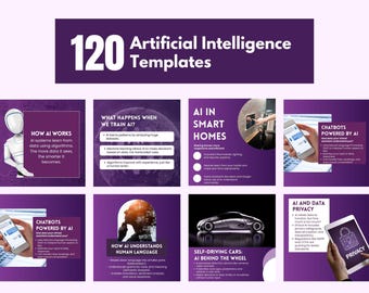 120 AI Social Media Posts, Content Creator Instagram and Facebook social media templates, Technology Chatbot, Editable Canva Templates