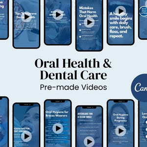 Può includere: Una raccolta di schermate di smartphone che mostrano consigli e informazioni sull'igiene dentale. Gli schermi presentano titoli come "Consigli per lo sbiancamento a casa" e "Vantaggi dello sbiancamento dei denti". Il testo "Salute orale e cura dentale" è ben visibile.