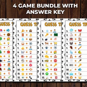 Könnte beinhalten: Vier druckbare Spielkarten mit gelbem und braunem Hintergrund. Jede Karte trägt den Titel "Errate das Wort" und zeigt 12 Reihen von Bildern mit einem Pluszeichen zwischen jedem Bild. Die Bilder sind eine Kombination aus Symbolen und Illustrationen.