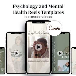 Op de afbeelding: Een verzameling smartphones met sjablonen voor psychologie- en mentale gezondheidsreels. De schermen tonen video-inhoud met tekstoverlays zoals "Grief Has No Timeline" en "Break Free". Het Canva-logo is ook zichtbaar.