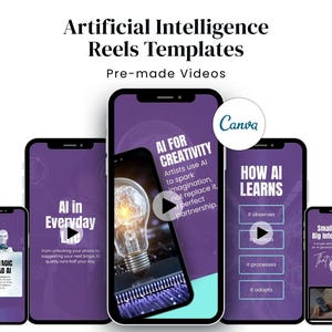 Könnte beinhalten: Mehrere Smartphones zeigen Vorlagen für KI-Reels. Die Bildschirme haben violette Hintergründe mit weißem Text und Grafiken, einschließlich des Canva-Logos. Der Text enthält "AI for Creativity" und "How AI Learns."