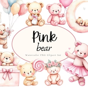Pink Teddy Bear Clipart, Cute Baby Bear PNG, Sleepy Bear with Balloons, Watercolor Teddy Bear, Baby Shower Nursery Art, Digital Download