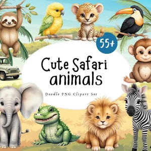 Safari Animals Watercolor Clipart, Cute Jungle Baby Animals Clipart PNG, Watercolor Safari Animals Clipart for Nursery, Animal Baby Shower