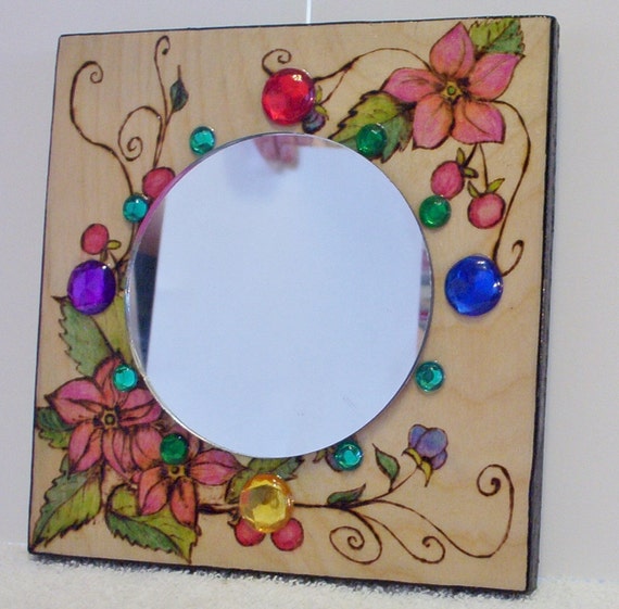 Mirror Pyrography Wood Burned Flowers Vines 6 5 X 7 Inches With 4 Inch Round Saw Tooth Hanger Attached Reclaimed