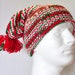 knitted winter slouchy hat red green and white stretchy 7" at opening and 13" long to just under pom pom adult size unisex