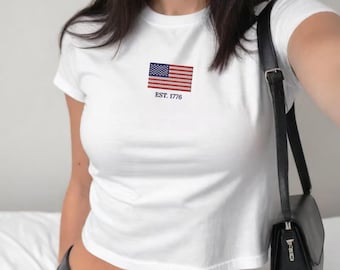 Fourth of July Embroidered Flag Baby Tee | Independence Day Shirt | American Flag TShirt | Vintage Y2K Gift For Her | USA 1776 Baby Tee