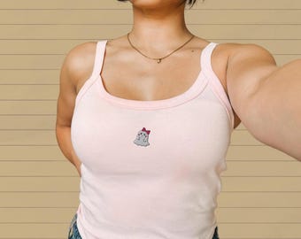 Embroidered Ghost Tank Top: Y2K Spooky Season Cotton Baby Tee