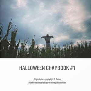 May include: A chapbook titled HALLOWEEN CHAPBOOK #1 featuring original photography by K.O. Peters and text from the scariest parts of the public domain. The cover image shows a scarecrow standing in a cornfield under a cloudy sky.