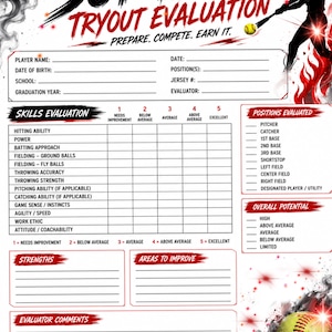 May include: A softball tryout evaluation form featuring a black and red graphic design with a silhouette of a batter, a yellow softball, and sections for player information, skills evaluation, positions, overall potential, and evaluator comments.