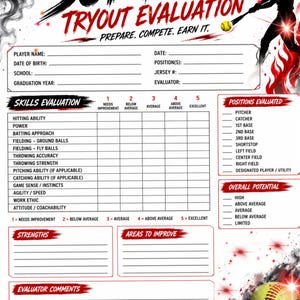 Softball Tryout Form Printable | Player Evaluation Sheet for Coaches