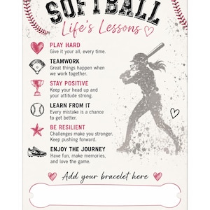 May include: Softball-themed card with the text "SOFTBALL Life's Lessons." Includes illustrations of a heart, baseball field, trophy, baseball, star, and running shoe. A silhouette of a softball player is also featured. The card encourages positive thinking and resilience.