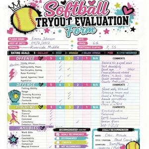 Softball  savy stuff Tryout Evaluation Form Printable Coach Player Assessment Sheet Team Selection Scorecard Digital Download