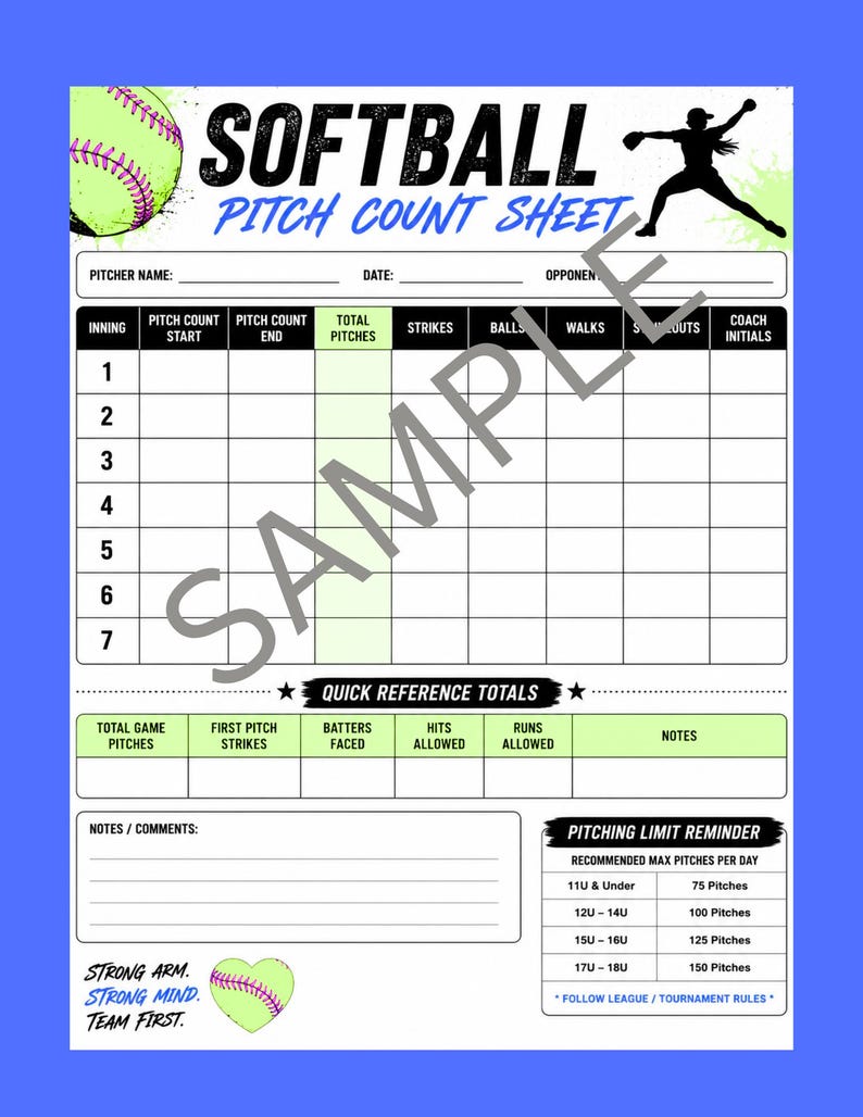 Softball Pitch Count Sheet Printable, Pitching Management Chart for ...