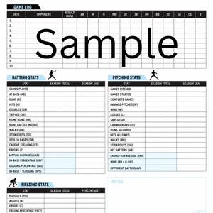 May include: A white softball stats tracker sheet with black text and lines. It includes sections for player information, a game log, batting stats, pitching stats, and fielding stats. The word Sample is printed in large black letters across the center.