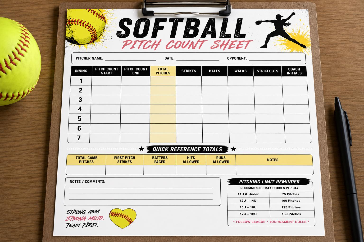 Slow Pitch Roster Sheet.pdf Softball Pitch Count Sheet Printable, Pitching Management Chart for ...