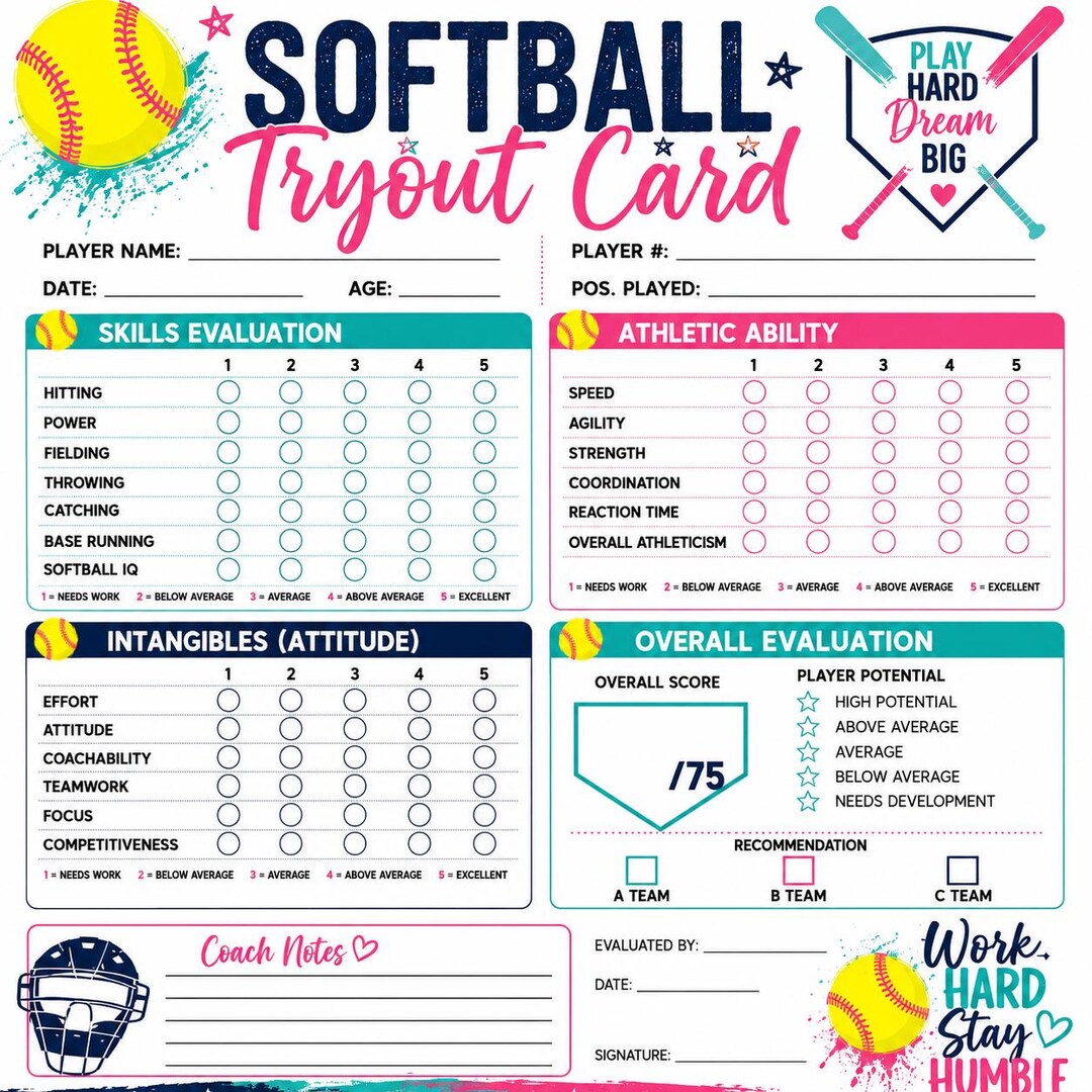 Softball Tryout Evaluation Form Printable | Player Assessment Sheet ...